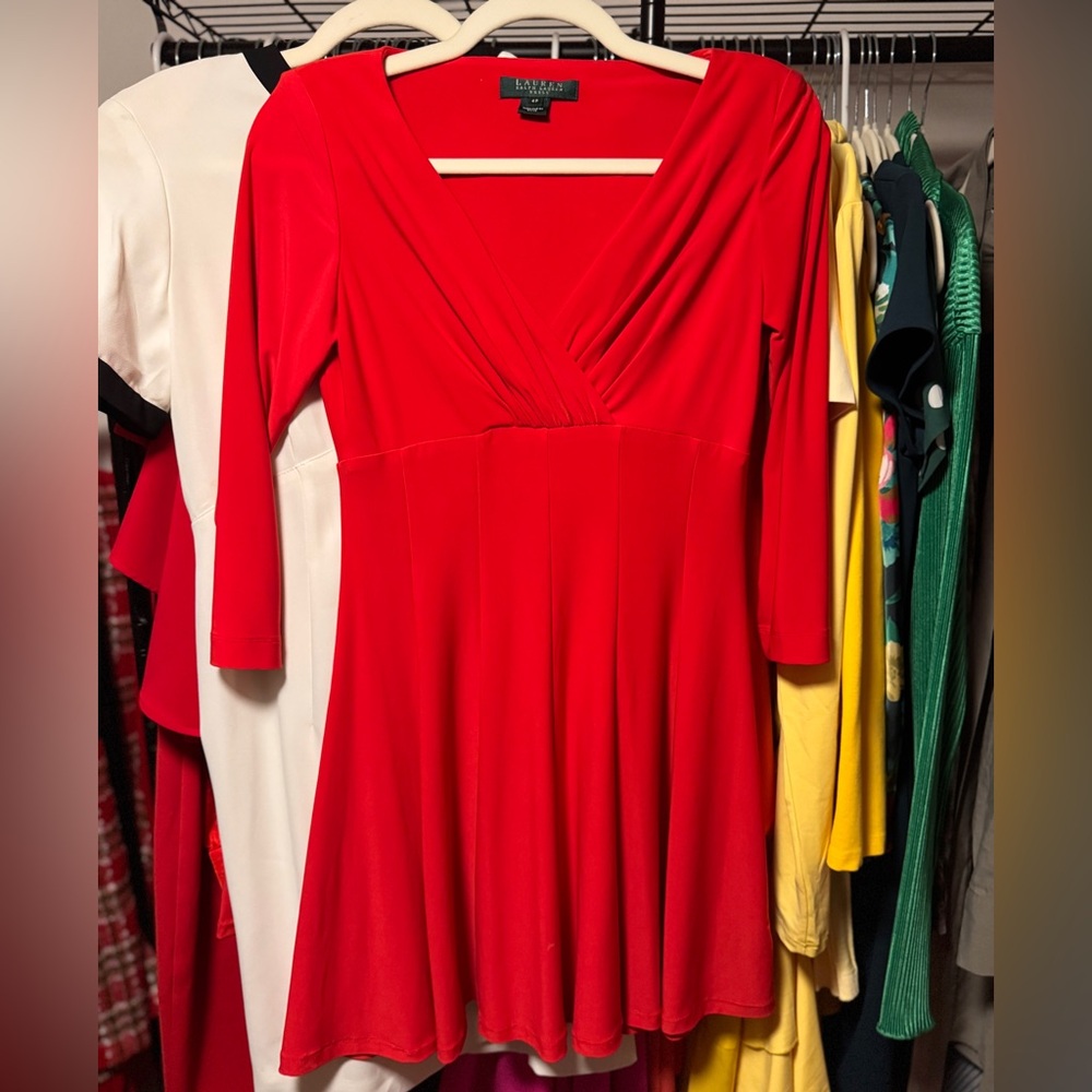 Ralph Lauren Red V-Neck Fit-and-Flare Long Sleeve Dress